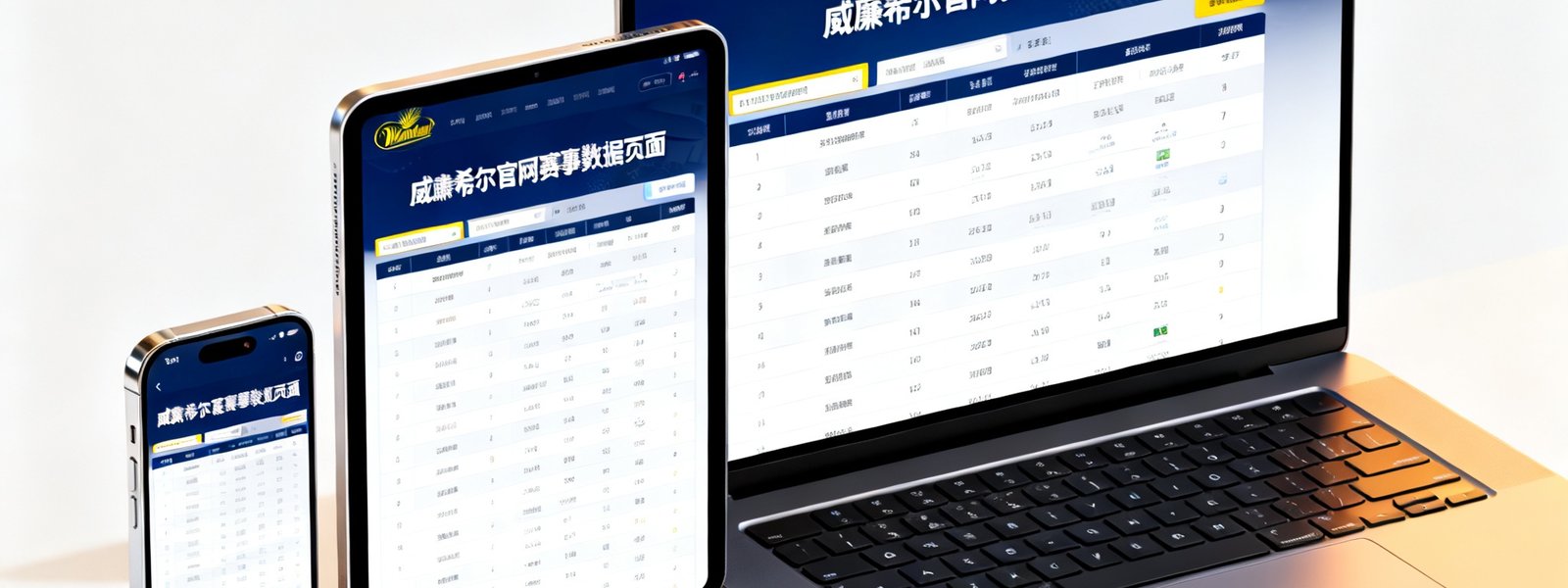 三台不同尺寸的设备并排展示，包括一部智能手机、一台平板电脑和一台笔记本电脑，屏幕上均显示着威廉希尔官网的赛事数据页面，体现多终端适配能力